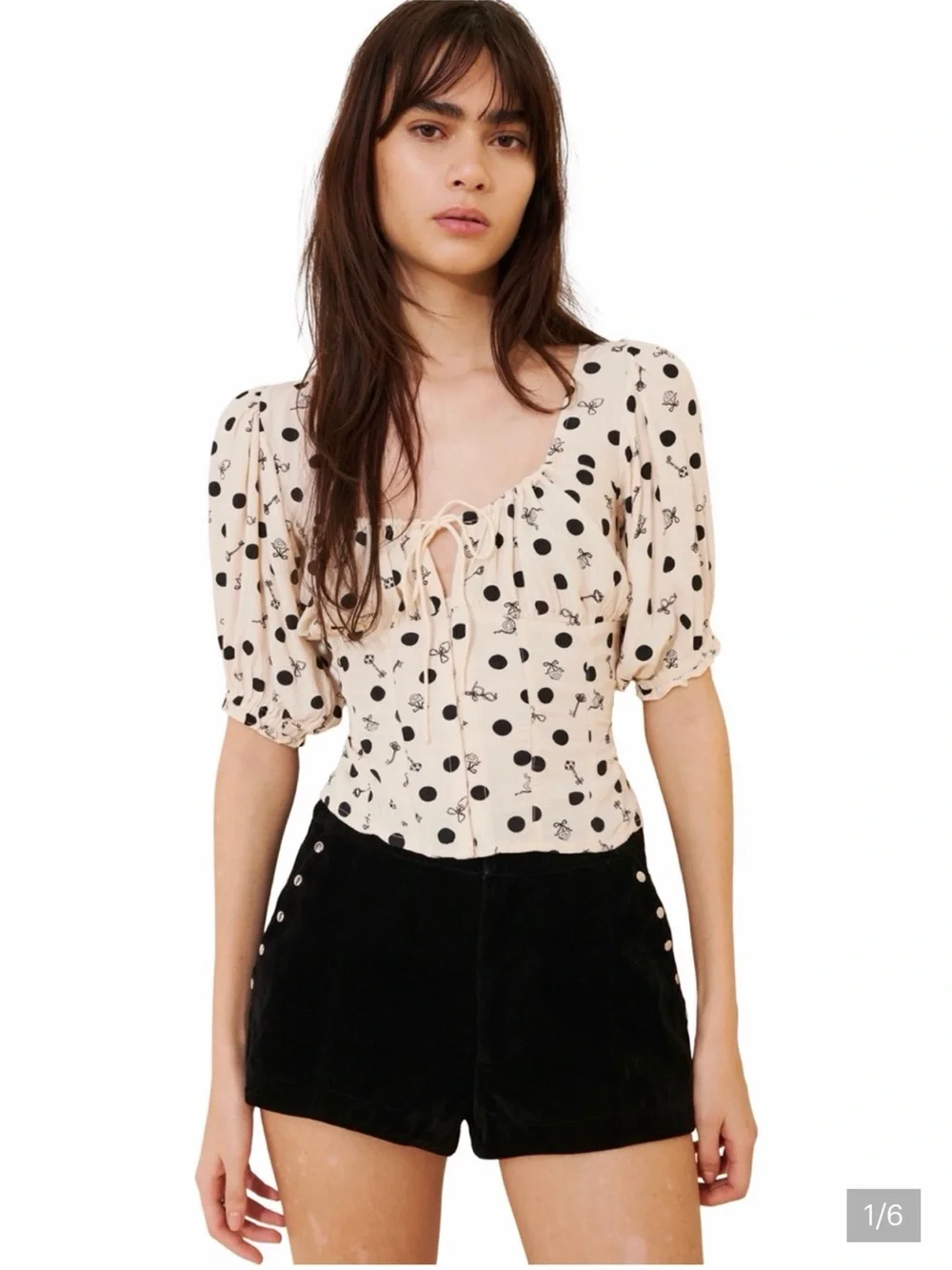Free People Cream Puff-Sleeve Polka Dot Tie-Front Top